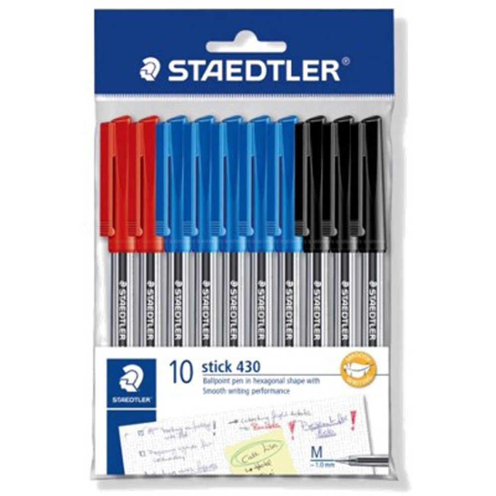 STAEDTLER Medium 0.5mm 430 Stick Ballpoint Pens Writing Pen Smooth - Black,  Blue & Red Ink - Pack Of 5