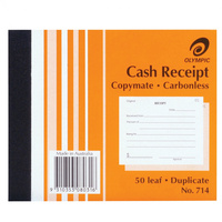 OLYMPIC CARBONLESS BOOK 714 Duplicate 125mm x 100mm Cash Receipt 50 Leaf