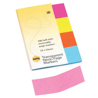 MARBIG NOTES PAGE MARKERS Transparent Neon 20mm x 50mm Assorted 160 Sheets Pack