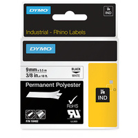 DYMO RHINO INDUSTRIAL LABEL TAPE Permanent Poly 9mm x 5.5m Black on White