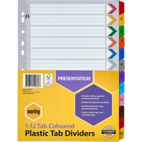 MARBIG PLASTIC DIVIDER Reinforced A4 1-12 Tab Multi Colour