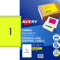 AVERY L7167FY LASER LABELS 1/Sht 199.6x289mm Fluoro Yello Pack of 25