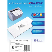UNISTAT LASER/INKJET LABELS Copier 8UP 105x74mm Box of 100