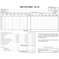 ZIONS TIME AND PAY SHEET Number 44 Hospitality Pack of 100