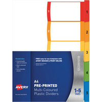 AVERY L7411-5 READY INDEX PP A4 1-5 Index Asstd Tabs Includes 5 Tabs