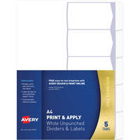AVERY L7455-5 INDEXMAKER LABEL A4 5 Tabs Un-Punched White Includes 5 Tabs