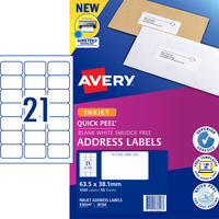 AVERY J8160 MAILING LABELS Inkjet 21/Sht 63.5x38.1 Adress Pack of 1050