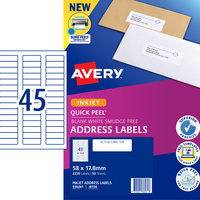 AVERY J8156 MAILING LABELS Inkjet 45/Sht 58x17.8 Address Pack of 2250