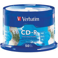 VERBATIM RECORDABLE CD-R 52X 80MIN 700MB Printable 50 Pack Silver