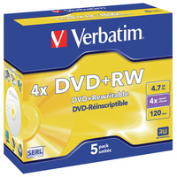 VERBATIM REWRITABLE DVD+RW 4X 120MIN 4.7GB Jewel case 5 Pack