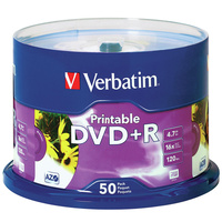 VERBATIM RECORDABLE DVD+R 16X 120MIN 4.7GB Inkjet Printable 50 Pack White