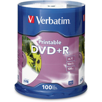 VERBATIM RECORDABLE DVD+R 16X 120MIN 4.7GB Inkjet Printable 100 Pack White