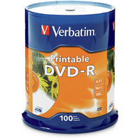VERBATIM RECORDABLE DVD-R 16X 120MIN 4.7GB Inkjet Printable Pack 100 White