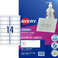AVERY L7563 CLEAR LASER LABELS Quick Peel 14UP 99.1x38mm Pack of 25
