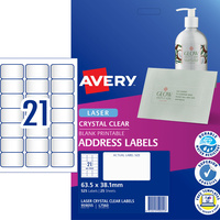AVERY L7560 CLEAR LASER LABELS Quick Peel 21UP 63.5x38.1mm Pack of 25