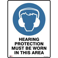 SAFETY SIGNAGE - MANDATORY Hearing Protection To Be Worn 450mmx600mm Polypropylene