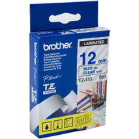 BROTHER TZE-133 P-TOUCH TAPE 12MMx8M Blue on Clear Tape