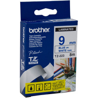 BROTHER TZE-223 P-TOUCH TAPE 9mmx8mt Blue On White Tape