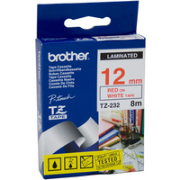 BROTHER TZE-232 P-TOUCH TAPE 12MMx8M Red on White Tape