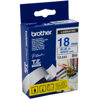 BROTHER TZE-243 P-TOUCH TAPE 18MMx8M Blue On White Tape