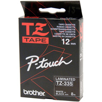 BROTHER TZE-335 P-TOUCH TAPE 12MMx8M White on Black Tape