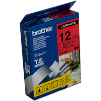 BROTHER TZE-431 P-TOUCH TAPE 12MMx8M Black on Red Tape