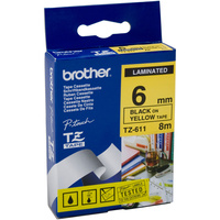 BROTHER TZE-611 P-TOUCH TAPE 6mmx8m Black On Yellow